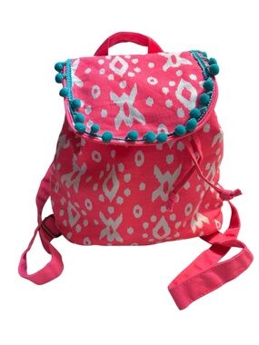 Mini Backpack Kids Neon Pink Canvas Ikat Pattern Teal Pom-Pom Trim Drawstring